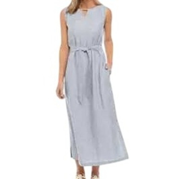 Kim Rogers Linen Blend‎ Dress Striped Sleeveless Midi Casual with Belt M Blue - Picture 1 of 11